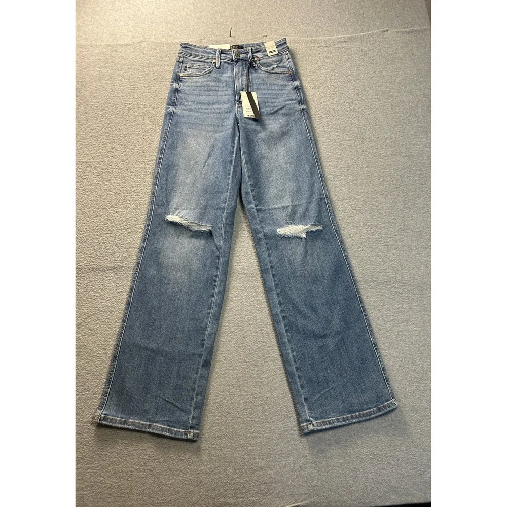 Judy Blue High Rise Wide Leg Jeans Womens 1/25 Distressed Stretch Med Blue Denim